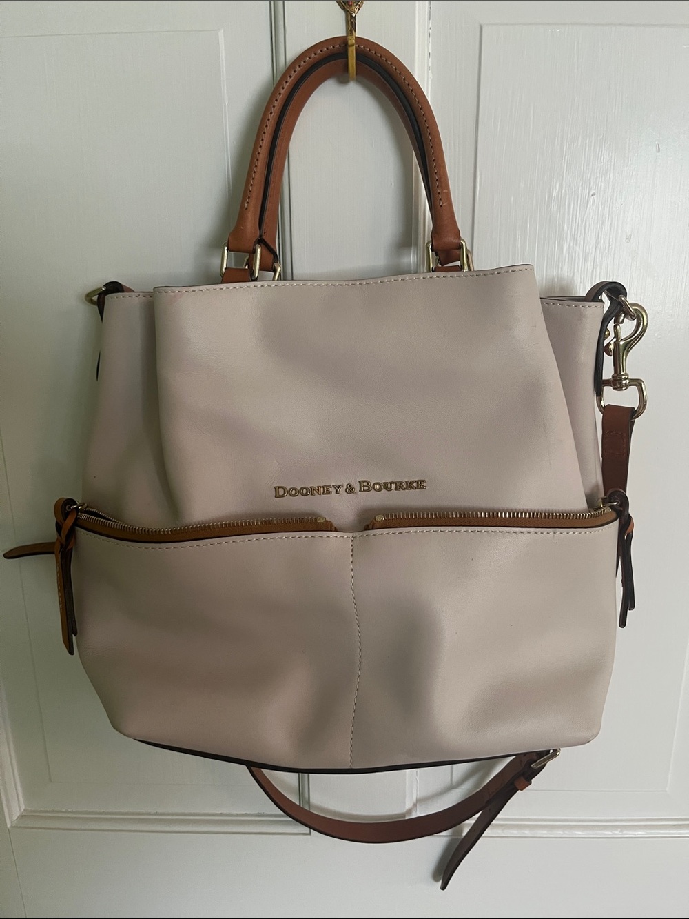 Dooney & Bourke Cream Satchel with Brown Trim and Gold Hardwareol